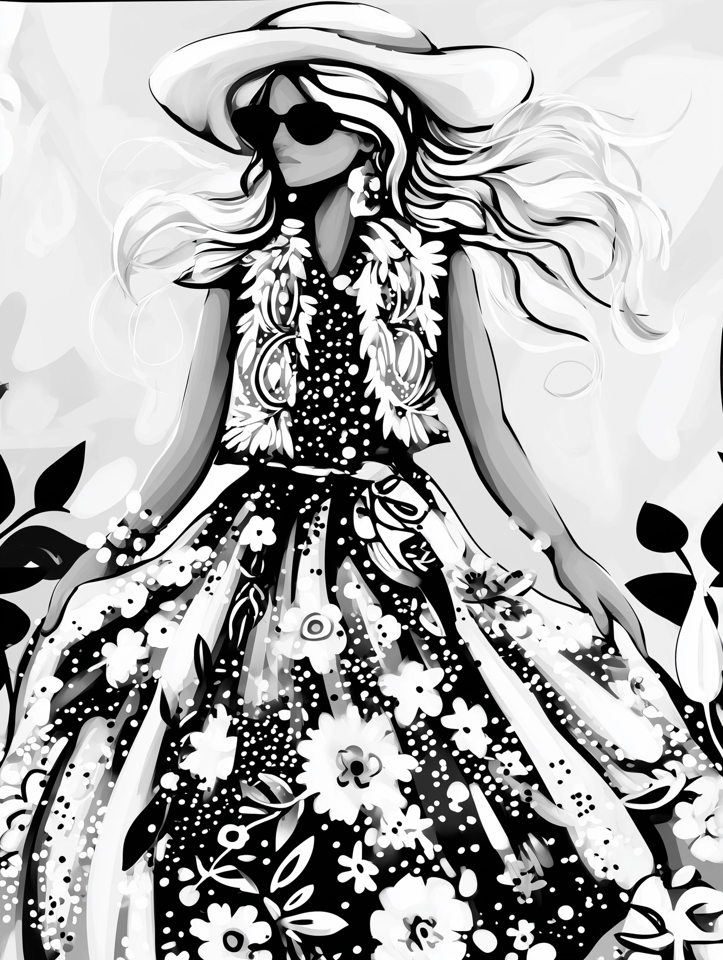 Free printable summer coloring page for adults featuring a glam woman wearing a big summer hat